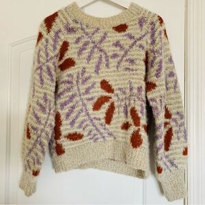 Lush Cream Floral Geo Print Cozy Knitted Crewneck Sweater | Size: S